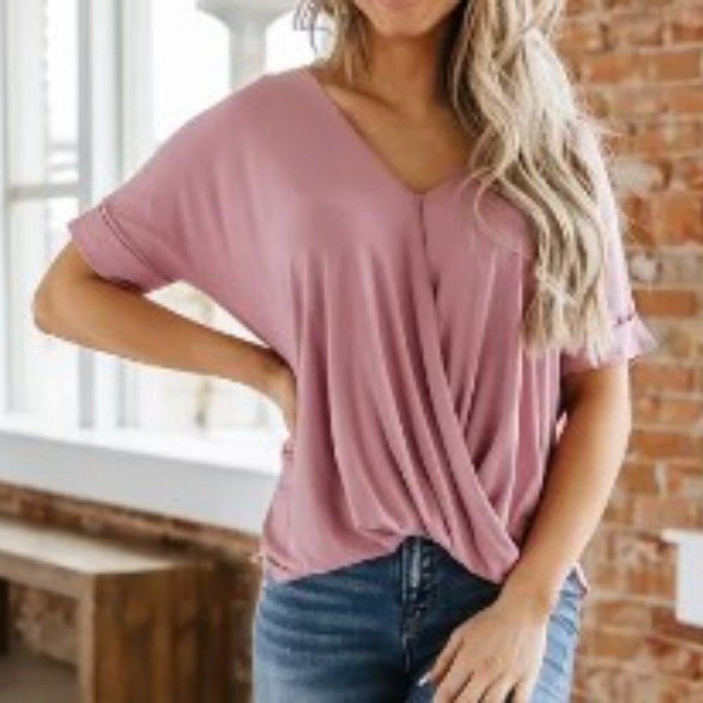 Excuse Me I Have To Go Be Awesome pink flowy short sleeve surplice  wrap top S - Picture 13 of 13